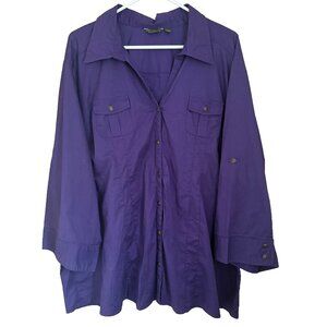Purple Button Up Top Plus 3X Long Roll Tab Sleeves Stretch Pockets Career Office